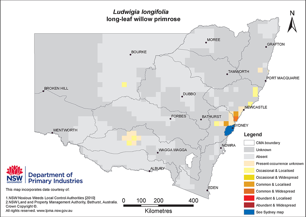NSW Distribution Map - Long-leaf willow primrose